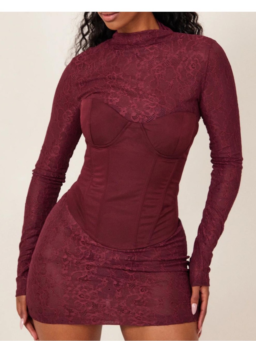 Mars The Label Burgundy Lace High Neck Semi Sheer Long Sleeve Mini Dress 10